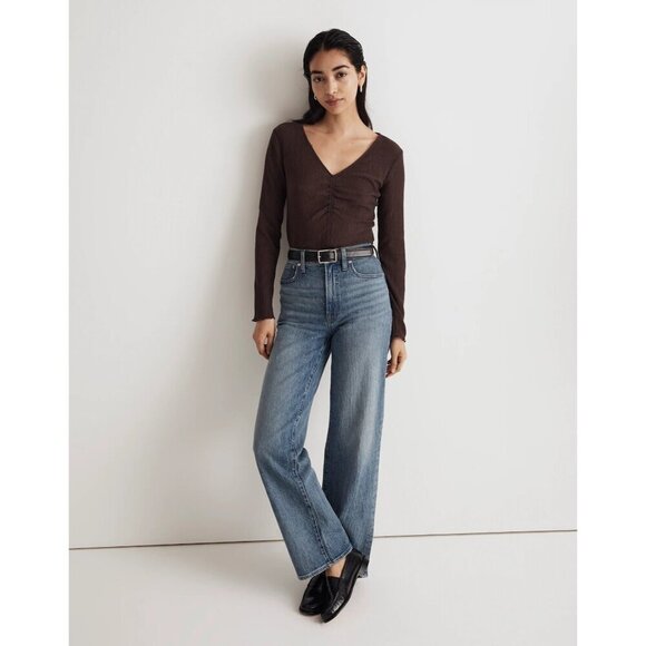 Madewell Semi-Sheer Shirred V-Neck Top in Chocolate Raisin XS mall New Womens - Picture 9 of 9